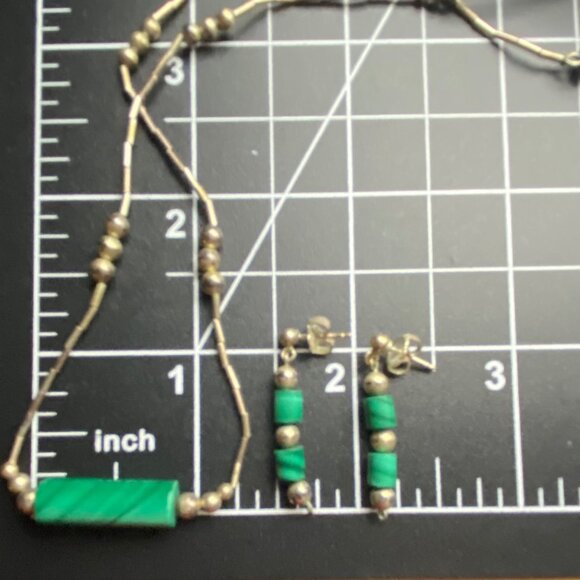 Sterling Liquid Silver Malachite Bead Necklace Dangle Earrings Set Vintage 15" - Picture 6 of 7